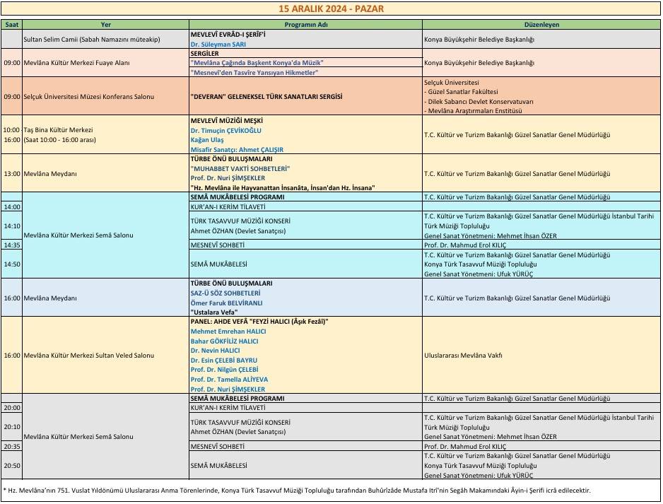 Gün gün 2024 Şeb-i Arus programı 15